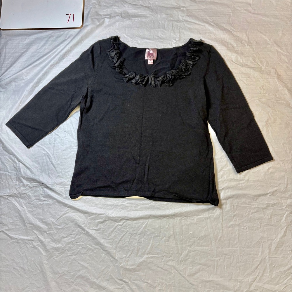 Pink Poodle Black Ruffle Neck 3/4 Sleeve Top Women's Size L